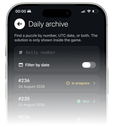 Archivo diario de WordDots en iPhone, con partidas anteriores por número y fecha.